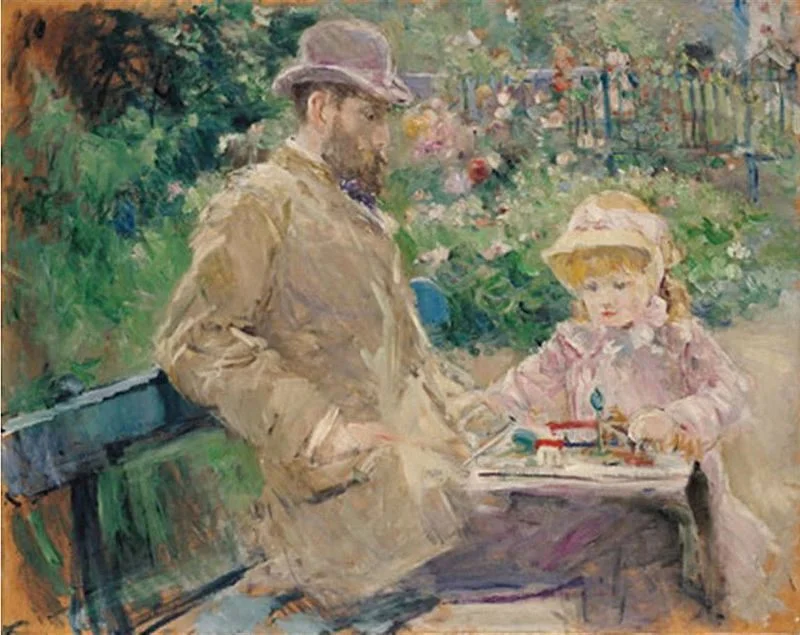 Contoh Karya Aliran Impresionis: Eugene Manet and His Daughter at Bougival oleh Berthe Morisot, gambar asli diperoleh melalui: wikipedia.com