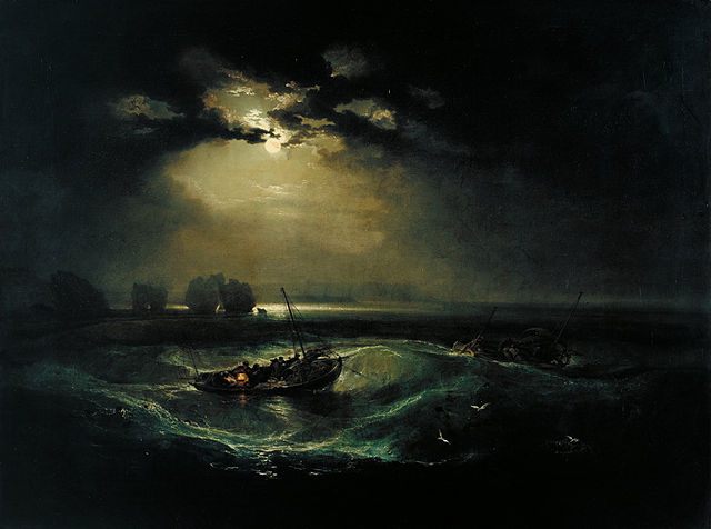 Contoh karya aliran seni rupa romantisisme: Fishermen at Sea oleh J.M.W Turner, gambar asli diperoleh melalui wikipedia.com