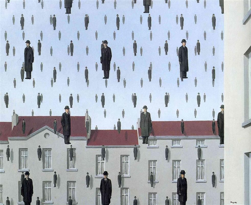 Contoh Karya Aliran Surealisme: Golconda oleh Rene Magritte, gambar asli diperoleh melalui: wikiart.org