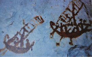Lukisan prasejarah di Gua Sulawesi: Orang sedang berlayar di laut. .Seni Rupa Indonesia dalam Masa Prasejarah, Soedarso Sp.